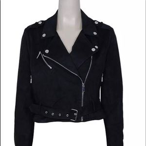 Woman Black Faux Suede Motorcycle Cropped Jacket